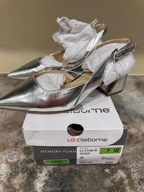 Liz Claiborne Metallic Silver Pointed Slingback Block Heel Pumps